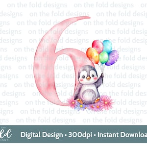 Ontwerp pinguïn nummer zes 6e verjaardag, bloemen en ballonnen. PNG-clipartontwerp, transparante clipartafbeelding direct downloaden, sublimatie