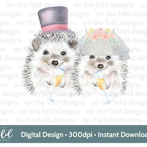 Hérissons, mariage, juste mariés, sublimation de fond transparent de téléchargement immédiat, création de cartes, gobelets, art mural de toboggans aquatiques