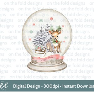 Baby Deer Happy Christmas Clipart, Woodland Xmas PNG, digital design Snow Globe,Sublimation Christmas card design, Traditional Winter Scene