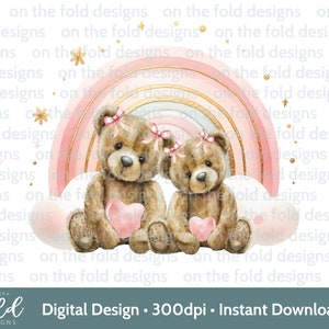 Teddybär Baby Rosa Mädchen Regenbogen PNG transparenten Hintergrund New Baby Aquarell Sublimation digitaler Download UV-DTDFTG Big Little Sister