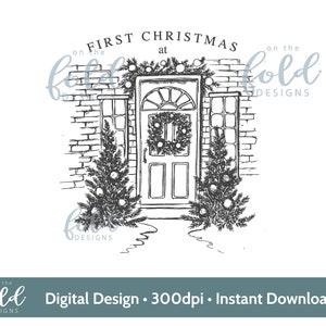 Desenho de linha da porta da frente doodle 1º Natal em sua nova casa PNG clipart digital instantâneo download ideal para design de cartões, enfeites e artesanato