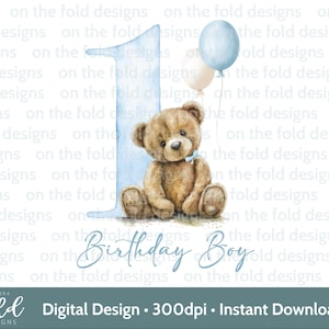 Orsacchiotto, numero 1, palloncini, 1° compleanno, clipart, download digitale istantaneo di PNG a sublimazione, colori neutri, un design pngOn the Fold