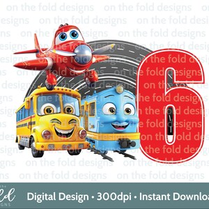 Fahrzeug Clipart, Zug Flugzeug Bus PNG, 6 Transport Geburtstag Sublimation Design digitales Bild Cake Topper T-Shirt Design Pj's UVTDF Design