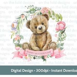 Teddy Bär Rosa Blumenrahmen PNG Muttertag Andenken Sublimation DTF Baby Weste personalisierte Karte Digitales transparentes Aquarell Vinyl Bild