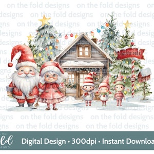 Santa & Mrs Weihnachtselfen PNG, digitale Clipart Sublimation Nordpol PNG, niedlichen Wintercene, Kissenbezug, PJ, Pullover Shirt Design Xmas Jpeg