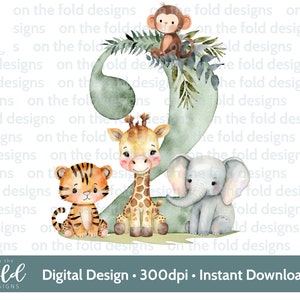 Safari 2. Geburtstag, Clipart, Zahl Zwei PNG, Dschungel Tier Sublimation Party Design Transparentes Clipart druckbares Bild, Sofort Download
