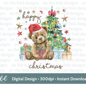 Clipart di orsacchiotto di Natale felice, download di immagini digitali ad acquerello PNG, vestiti per bambini, design di biglietti, sublimazione, bastoncino di zucchero