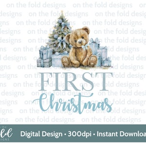 Teddy di Natale, 1° Natale, Baby Blue, download istantaneo di clipart digitale PNG, vestiti per bambini, design di cartoline di Natale, sublimazione, creazione di cartoline