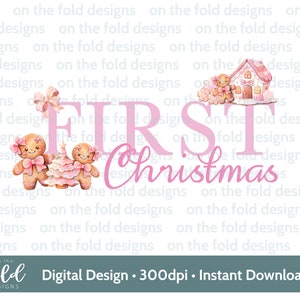 Erste Weihnachten Lebkuchen Clipart, niedliches 1. Weihnachten PNG Sofortiges digitales Aquarell, Baby Girl Pink, Kartendesign, Sublimation, Zuckerstange
