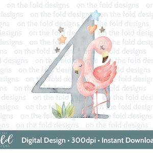 Flamant rose, 4e anniversaire, quatre, clipart, png, téléchargement immédiat, sublimation, artisanat, conception de carte d'anniversaire de filles, conception girly rose, numéro 4