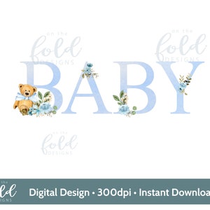 Baby teddybeer blauwe bloemen clipart instant download bestand transparante achtergrond perfect voor babyshowers, kaarten knutselen nieuwe baby's