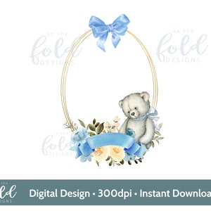Nounours bleu nouveau bébé, cadre doré aquarelle PNG téléchargement clipart numérique instantané idéal pour l'impression par sublimation de conception de carte de vêtements de bébé