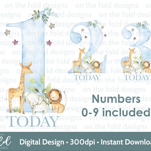 Safari chiffres Clipart anniversaire bleu jungle téléchargement PNG Transparent Sublimation Design, DTF Image cartes Tshirt gilet Design
