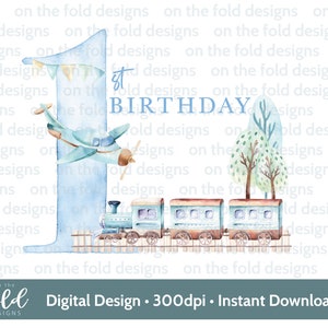 Tren, avión, número 1, primer cumpleaños de niño, clipart, sublimación, PNG. Descarga digital instantánea, arte de pared para guardería, tobogán de agua, impresión de calcomanías
