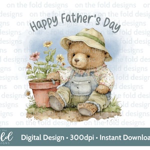 Clipart jardinage fête des pères, ours en peluche, attribution, patch végétalien, 1ère clipart transparent de fête des pères, téléchargement immédiat, impression par sublimation