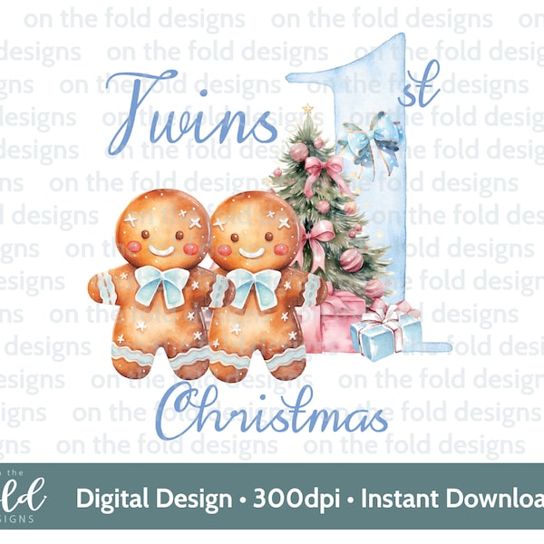 Twin First Christmas Boys Gingerbread Clipart, Cute 1st Xmas PNG Digital Watercolor, Baby Pastel Card Design, Sublimation, PJ Sweater print