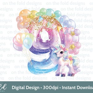 May include: A watercolor-style illustration of the number nine with a unicorn standing next to it. The number is decorated with glitter, stars, and rainbow-colored balloons. The unicorn is white with a pink mane and tail, and it has a flower crown on its head. The background is white.