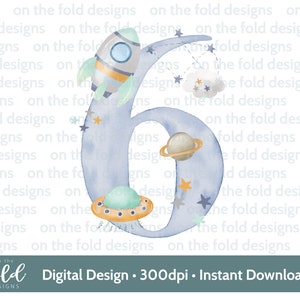 Spazio, astronauta, clipart numero 6° compleanno, sublimazione, PNG, download digitale, astronave, razzo, acquerello, trasferimento DTF/DTG, inviti
