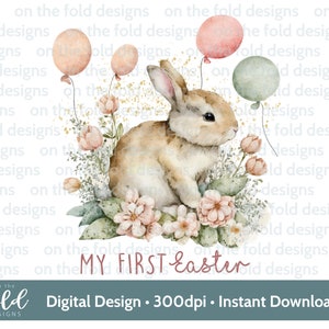 Primeiro clipart de Páscoa, coelho, PNG de aquarela, download instantâneo de clipart digital, roupas de bebê, design de cartão, impressão por sublimação