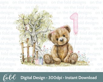 1st Birthday Clipart Teddy Number One PNG Instant Download Sublimation Crafting Birthday Party Invitation Decor Tshirt Design Baby Vest Card