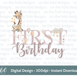 Giraffe Safari clipart, boho flowers, neutral, sublimation design, 1st birthday decal, waterslide transparent clipart, instant download ONE