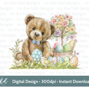 Ostern Teddy Clipart 1st Ostern Aquarell PNG Sofortige digitale Clipart Baby Weste Karte Blauer Ballon Osterweste Sublimationsdruck UVDTF
