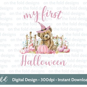 1st ハロウィン かわいいテディ ピンク カボチャ 秋の魔女 ハロウィン PNG デジタル クリップアート ダウンロード トリック オア トリート デザイン 特別なギフト 昇華