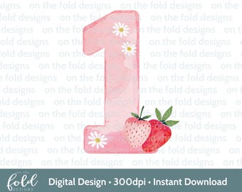 May include: Pink watercolor number one with white daisies and strawberries. The number is on a white background.
