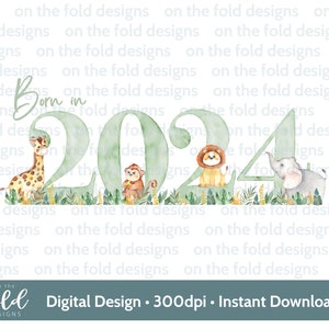 Animaux de safari, nés en 2024, clipart, png transparent, téléchargement immédiat pour sublimation, conception d'invitation, artisanat, fabrication de cartes