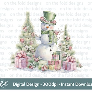 Clipart di pupazzo di neve di Natale Regali Rosa Menta PNG Download digitale Design di biglietti di sublimazione Stampa di palline Pj Keepsake Artigianato Uvdtf Dtg Stampa