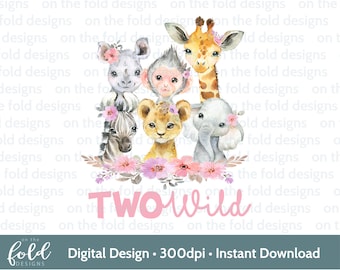ZWEI wilde Safari Tiere png, rosa Blumen, Sublimation, transparente Cliparts, sofortiger Download, 2.Geburtstagsgeschenke, Safari Party, 2.Geburtstag
