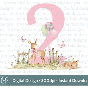 Número dois Clipart PNG Forest Woodland design de 2º aniversário bebê cervo flores rosa design de sublimação download instantâneo UVDTF colete camiseta JPEG