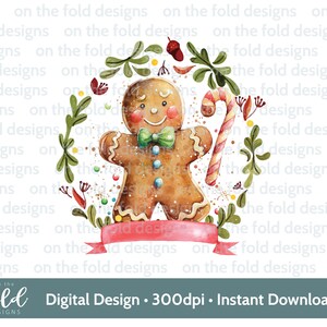Clipart ghirlanda di pan di zenzero di Natale, carino 1° Natale PNG acquerello digitale istantaneo, vestiti per bambini, design di biglietti, sublimazione, bastoncino di zucchero