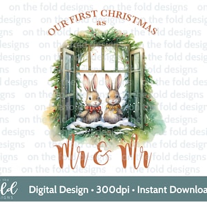 Premier Noël des mariés M. et M. mignon lapin lesbienne, gay, LGBTQ, lapin PNG téléchargement clipart numérique instantané pour toboggan à sublimation