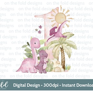 Clipart de dinosaurio, acuarela, arcoíris, T-Rex, dinosaurio rosa, primer cumpleaños, descarga instantánea transparente, regalos de sublimación, tobogán de agua imprimible