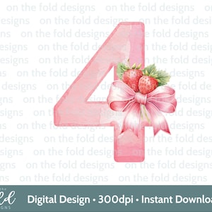 Fraise 4e anniversaire Clipart PNG Berry mignon quatre images fer sur sublimation artisanat fabrication de cartes UVDTF DTG Téléchargement Transparent