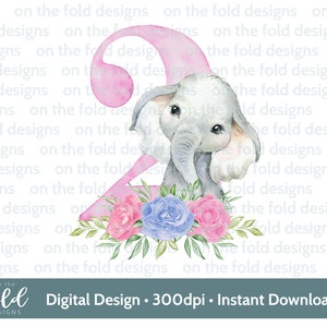 Number 2 elephant 2nd birthday clipart floral design sublimation PNG instant digital download, t shirt, cake topper card making party decor
