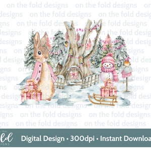 Rosa Hase Weihnachten Clipart rosa Winter Wald Weihnachten PNG sofortiger Download Sublimationskarte Design Kugel Druck pj Andenken Handwerk