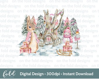 Lapin rose Noël Clipart rose hiver des bois Noël PNG sublimation carte design impression boules de Noël souvenir pj artisanat