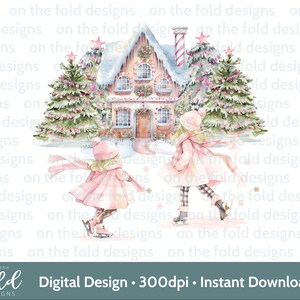 Clipart di Natale di pattinaggio sul ghiaccio, Pink Sparkle Glitter 1st Xmas, Sublimazione acquerello PNG, Design della carta, Gilet ricordo personalizzato, Arte della parete