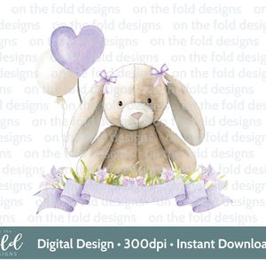 Lapin violet Clipart bannière lilas aquarelle florale PNG Téléchargement numérique instantané Vêtements de bébé Carte Design Impression par sublimation Impression UVDTF