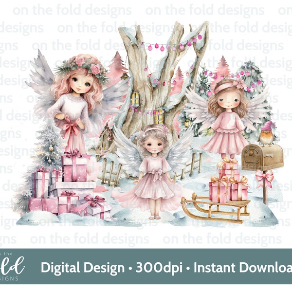 Fée Winter Wonderland Pink Christmas Clipart Woodland Scene PNG téléchargement instantané sublimation carte design babiole impression PJ aquarelle