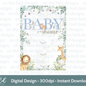 Faire-part Safari Baby Shower A5 bleu pour bébé garçon Imprimez le vôtre PNG Jungle Lion éléphant girafe feuilles Nouvelle arrivée Image numérique Bonjour bébé