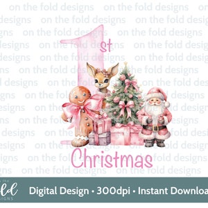 Primo Natale pan di zenzero Babbo Natale e renne Clipart, carino 1° Natale, PNG digitale Jpeg bambina rosa, design della carta, sublimazione, bastoncino di zucchero
