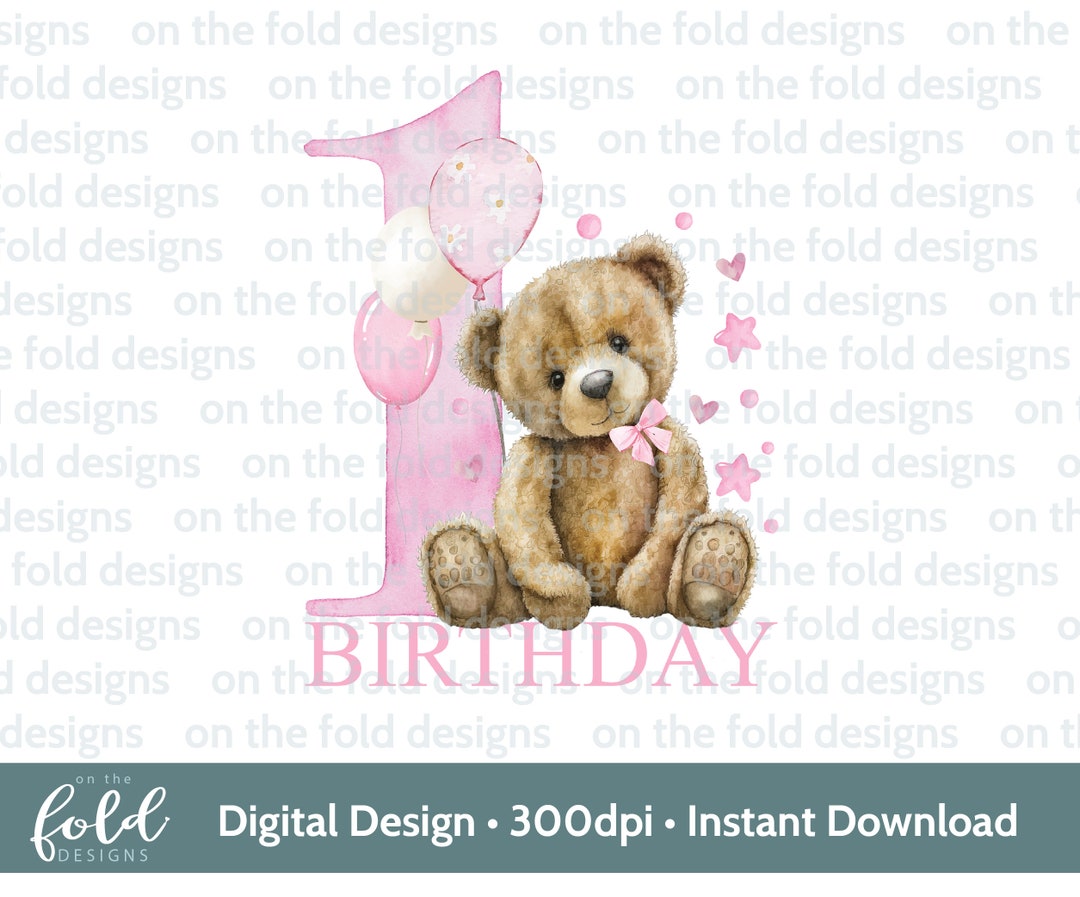 Pink Teddy Bear Birthday Clipart, UVDTF Sublimation PNG (digital ...