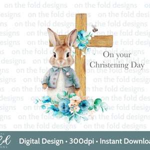 Blue Bunny Rabbit Christening Day Cross PNG sublimazione download immediato file sfondo trasparente Card Vest regalo personalizzato Clipart