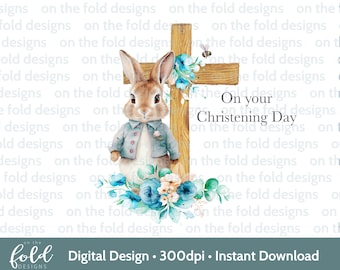 Lapin bleu baptême croix PNG pour sublimation fond transparent carte gilet cadeau personnalisé clipart