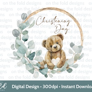 Clipart battesimo orsacchiotto battesimo giorno del nome comunione croce PNG sublimazione carta gilet design oro eucalipto trasparente download