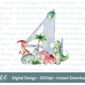 Dinosauro numero quattro 4° compleanno, Dino PNG, design clipart, download immediato di immagini trasparenti, sublimazione, design della camicia, decorazioni per feste