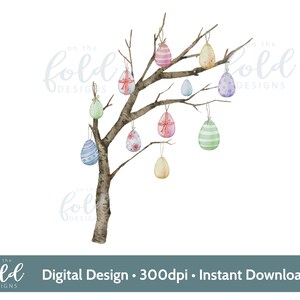 Puede incluir: Una ilustración de acuarela de una rama de árbol desnuda con huevos de Pascua coloridos colgando de ella. Los huevos están decorados con rayas, lunares y patrones florales.